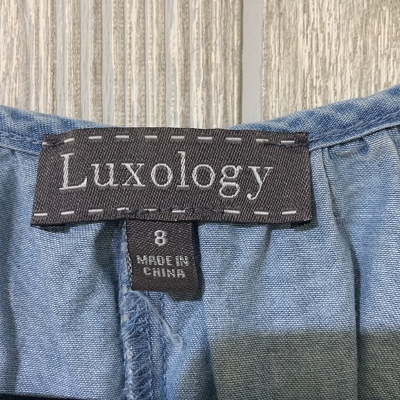 Luxology Slouchy Sleeveless A Line Chambray Short Dress Crochet Tassel SZ 8 - Picture 6 of 8